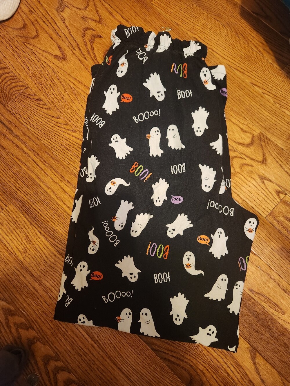 Womenss Halloween Ghost Print Pajama Pants - Black